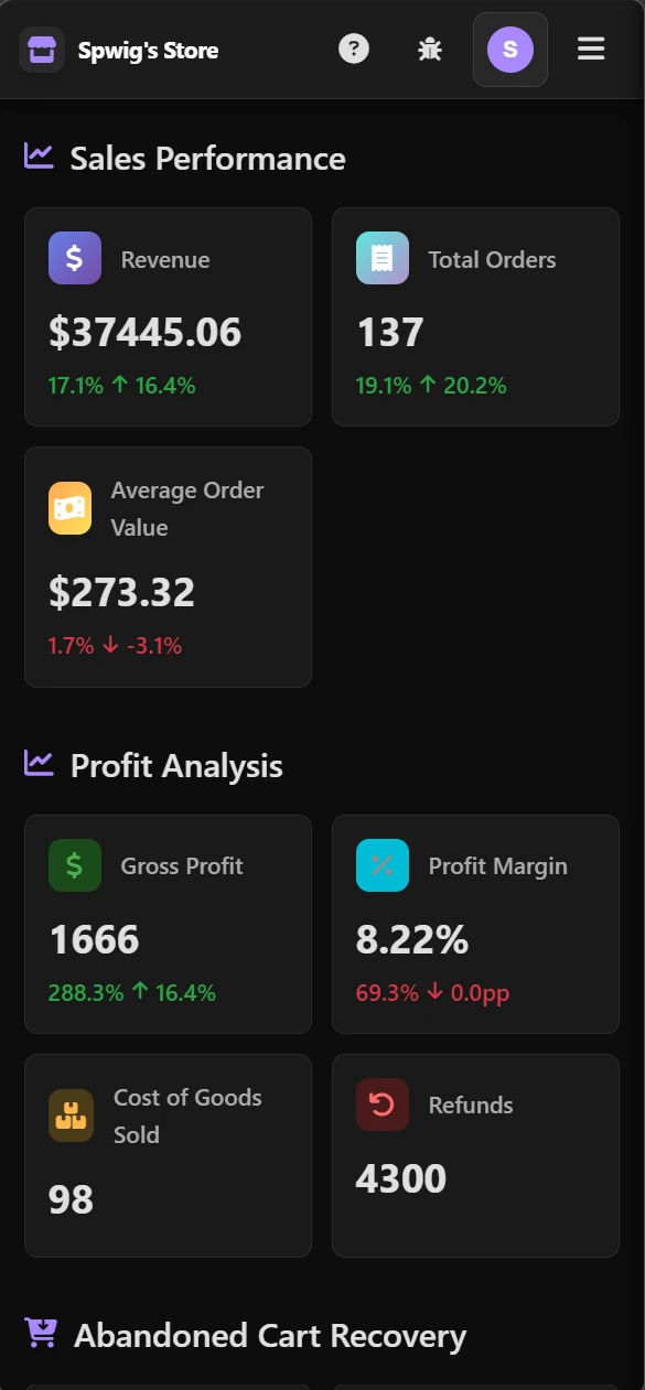 Spwig Dashboard - mobile